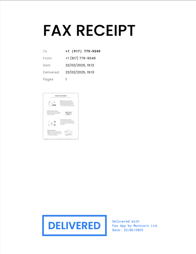 A document given to a user of municorn fax app confirming delivery of a fax, a  fax receipt