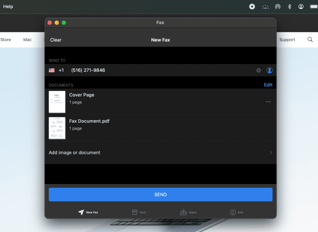 Municorn Fax App für Mac Neue Fax-Oberfläche vor dem Klicken auf die Schaltfläche Senden