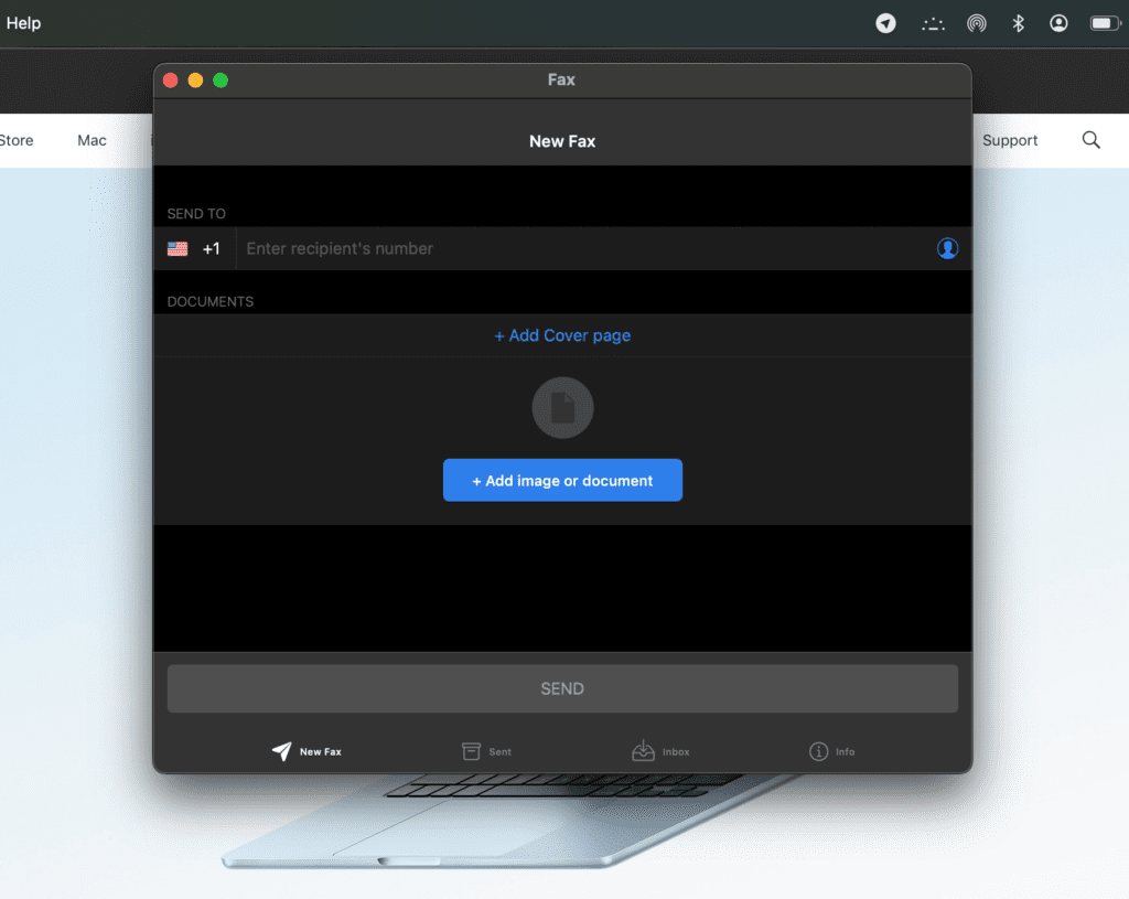 Municorn Fax App Mac-Oberfläche zur Auswahl, ob ein Deckblatt oder ein Anhang hinzugefügt werden soll