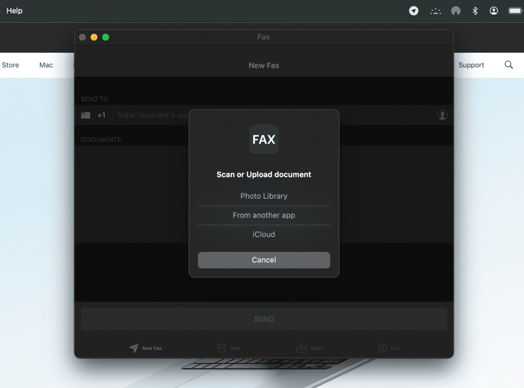 Municorn Fax App Macbook App-Oberfläche zum Hochladen eines Dokumentenanhangs