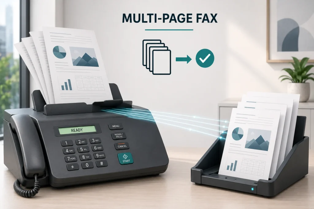 A stack of multiple pages feeds into a fax machine and arrives in order in a receiving tray, illustrating how to fax multiple pages at once.