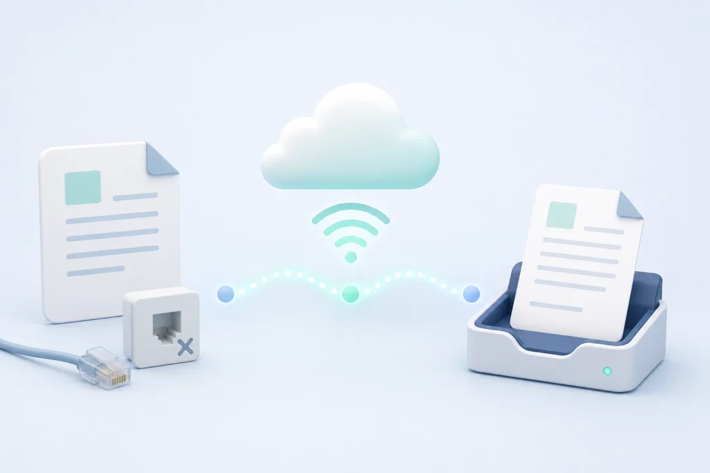 A document moves wirelessly through a cloud connection to a fax tray, while a disconnected phone-line plug and port show that faxing is possible without a landline.