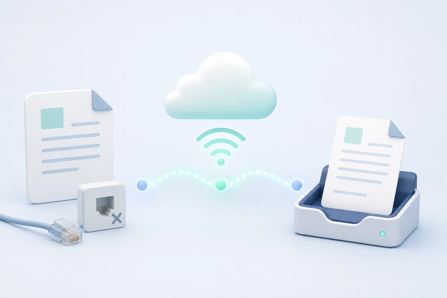 A document moves wirelessly through a cloud connection to a fax tray, while a disconnected phone-line plug and port show that faxing is possible without a landline.