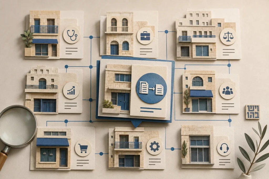 faxing in israel illustration showing an abstract of storefronts of businesses including copyshops