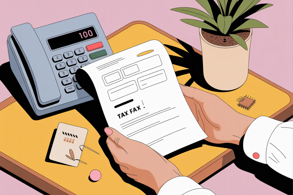 A digital illustration of a desk scene with a retro aesthetic. In the center, hands wearing a white long-sleeved shirt hold a white document with black text reading "TAX FAX!"