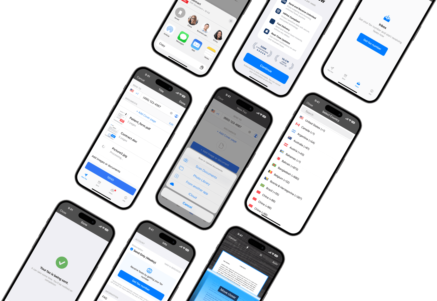 mobile phones with fax app interface screenshots