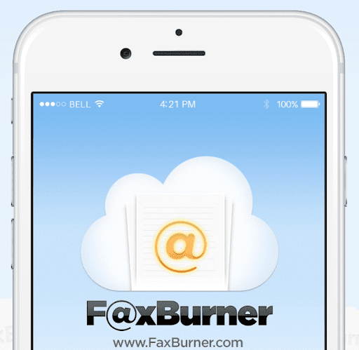 Logotipo de Fax Burner que muestra un teléfono móvil con una nube y el nombre de la marca FaxBurner