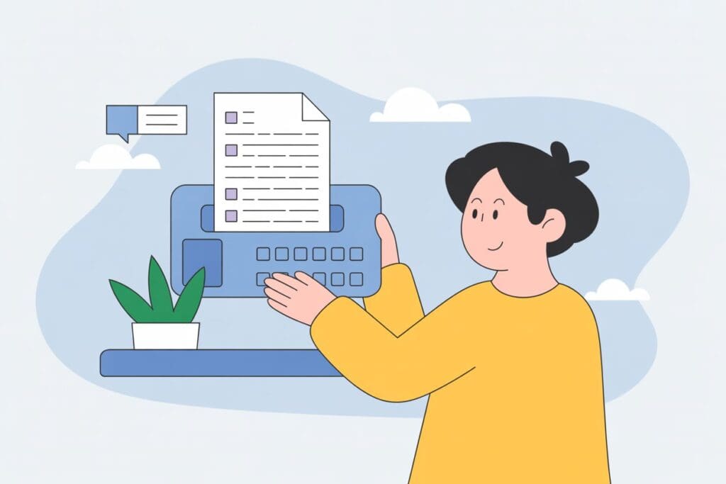 an illustration of a young woman holding a fax machine with a virtual fax number