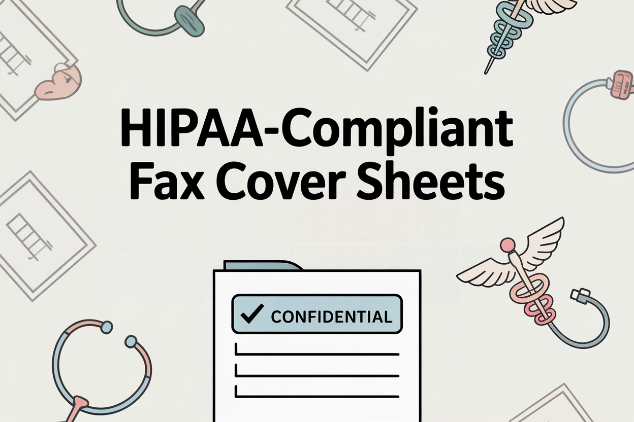 A professional, minimalist poster design showcasing "HIPAA-Compliant Fax Cover Sheets" in a clean, modern typeface.