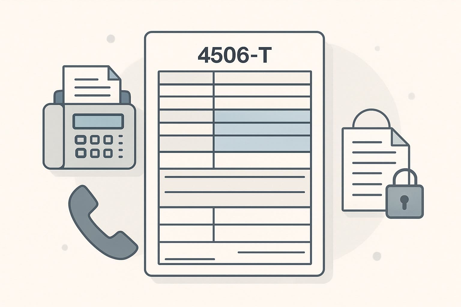 An illustration of a tax form with highlighted sections and icons of a fax machine, telephone, and secure document around it.
