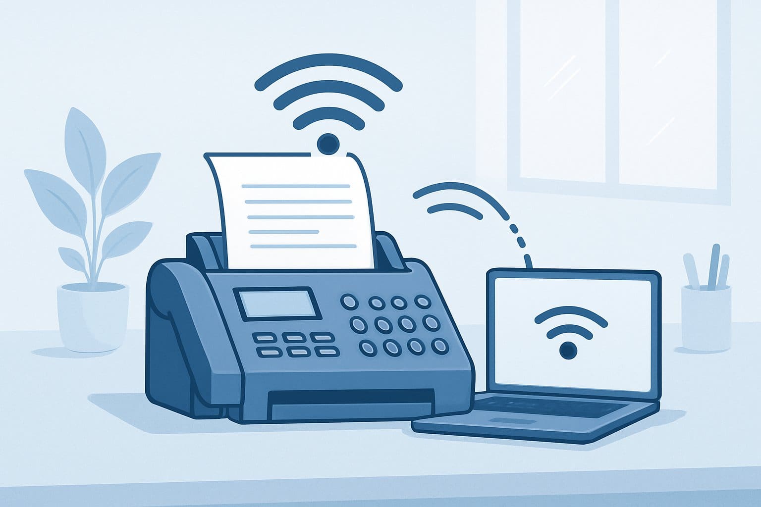 A fax machine on a desk wirelessly connected to a laptop in an office setting.