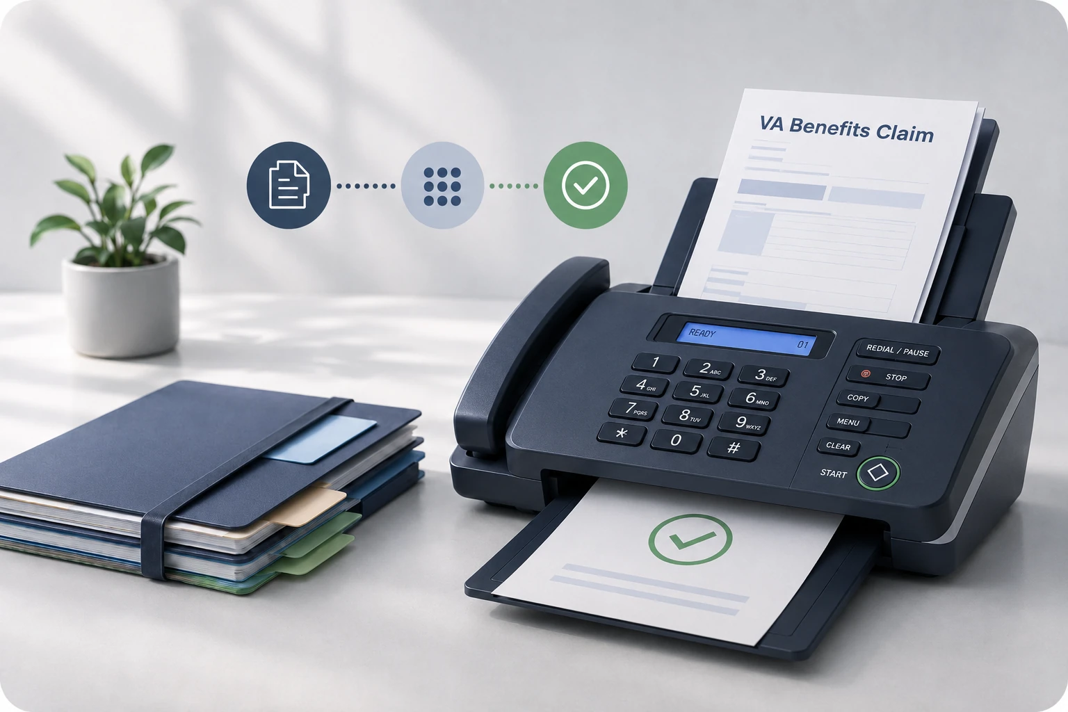A VA benefits claim form is loaded into a fax machine beside an organized document packet, with simple icons showing preparation, sending, and successful delivery.