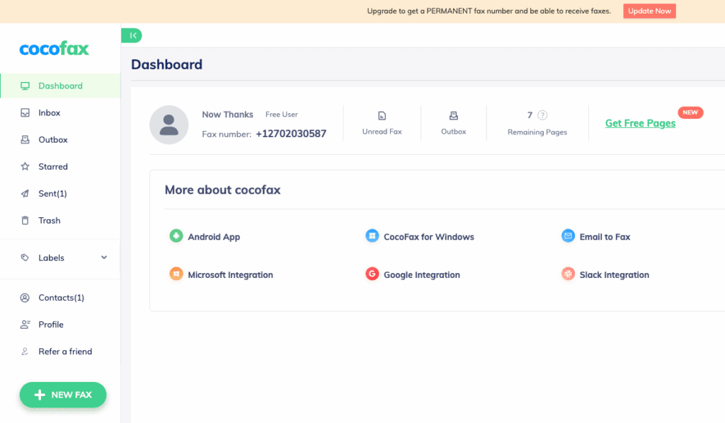 CocoFax sending a fax interface on the web version