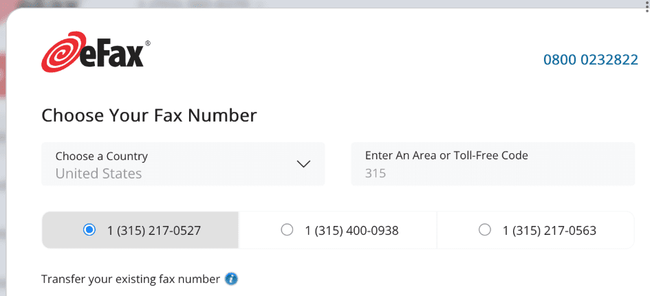 eFax-Vorwahl auswählen