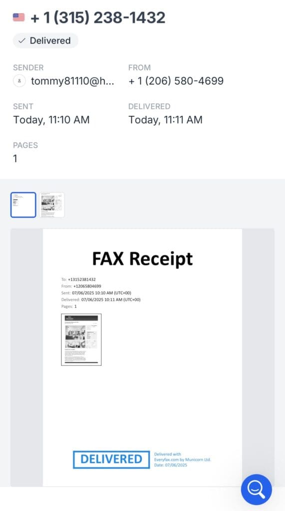 EveryFax-Oberfläche zur Zustellbestätigung 