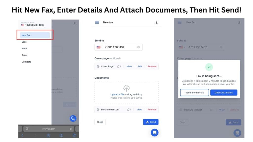 EveryFax-Oberfläche zum Senden eines neuen Faxes und Anhängen von Dokumenten