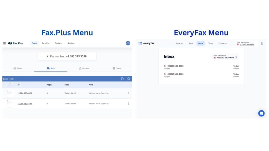 fax plus menu vs everyfax menu user interface comparison