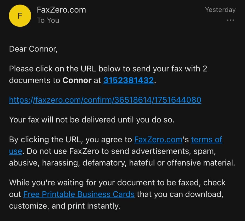 FaxZero E-Mail zur Bestätigung eines Faxes erforderlich