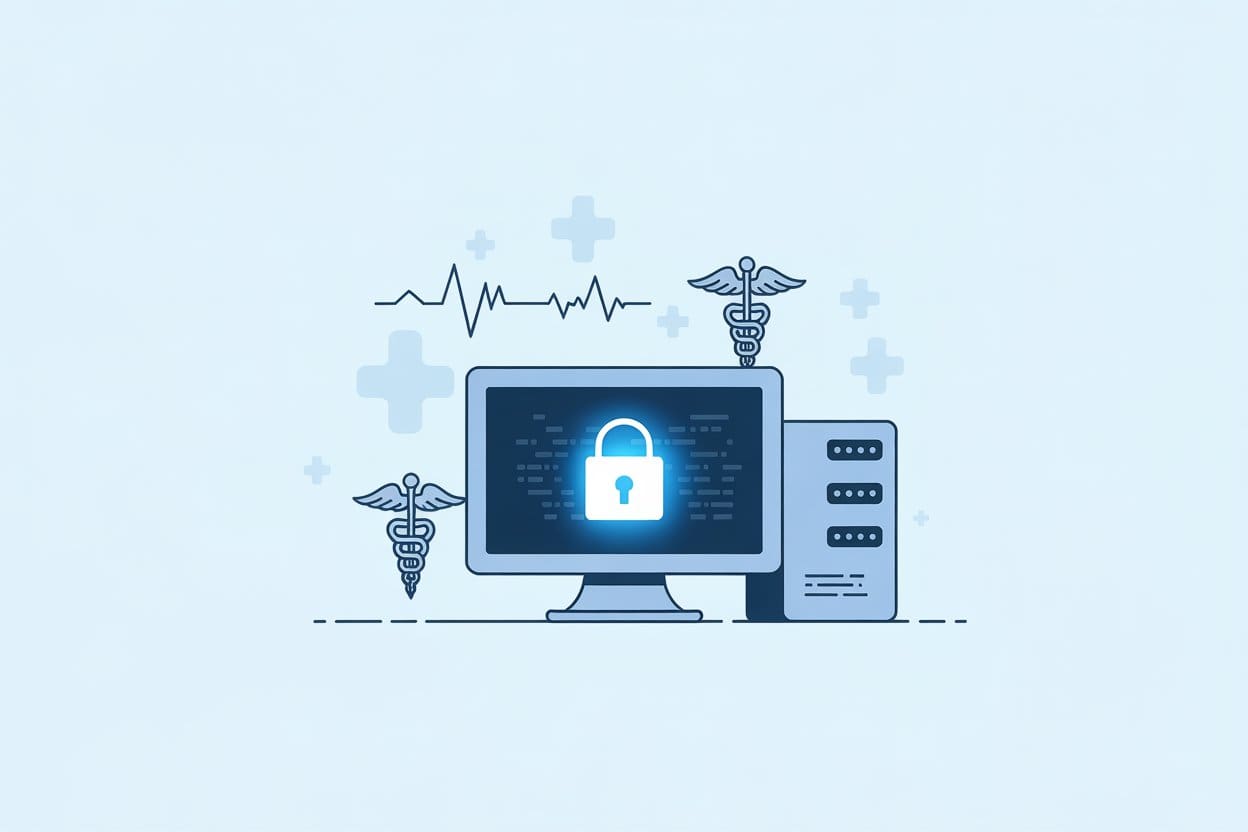 A minimalist illustration of a computer or server with a glowing lock icon on the screen, surrounded by subtle medical symbols like a heart rate line or a caduceus, on a clean white or light blue background, symbolizing secure healthcare data.