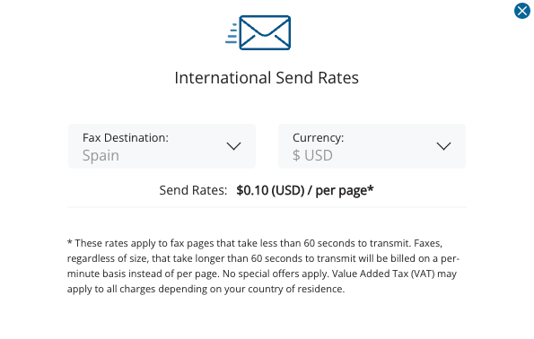 Die Oberfläche für internationale Versandtarife für Faxe in MyFax mit einem angemessenen Preis von 0,10 $ pro gefaxter Seite