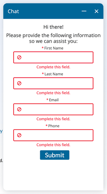 MyFax-Kundensupport-Seite, die ein Kontaktformular zeigt, das als Live-Chat bezeichnet wird, aber eine Einreichung für eine E-Mail-Nachverfolgung erfordert.