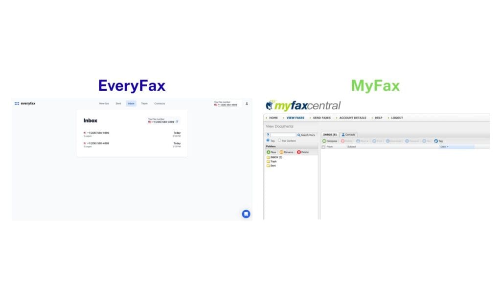 Direkter Vergleich der MyFax- und EveryFax-Menüoberflächen, der Layout- und Funktionsunterschiede hervorhebt.