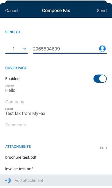 Bildschirm der mobilen MyFax-App, der die Faxversandfunktion mit Optionen zum Hinzufügen von Empfängern, Anhängen von Dokumenten und Senden zeigt.