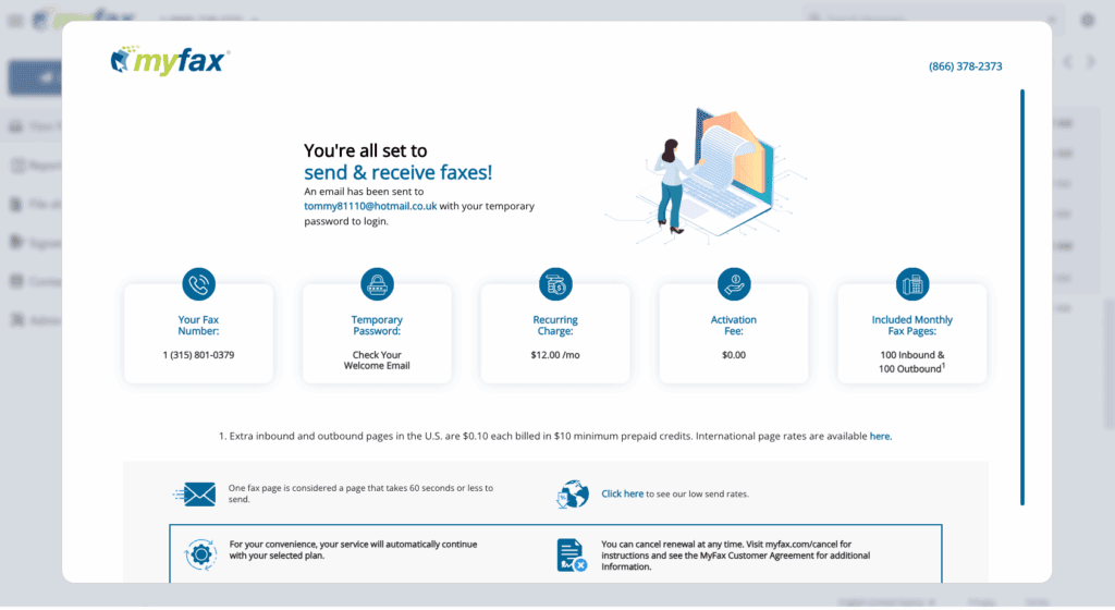 MyFax-Anmeldeseite, die eine „bereit zum Faxen“-Nachricht an einen neuen Abonnenten anzeigt