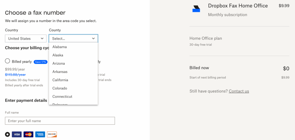 Auswahl einer Faxnummer und Abonnieren einer kostenlosen Testversion