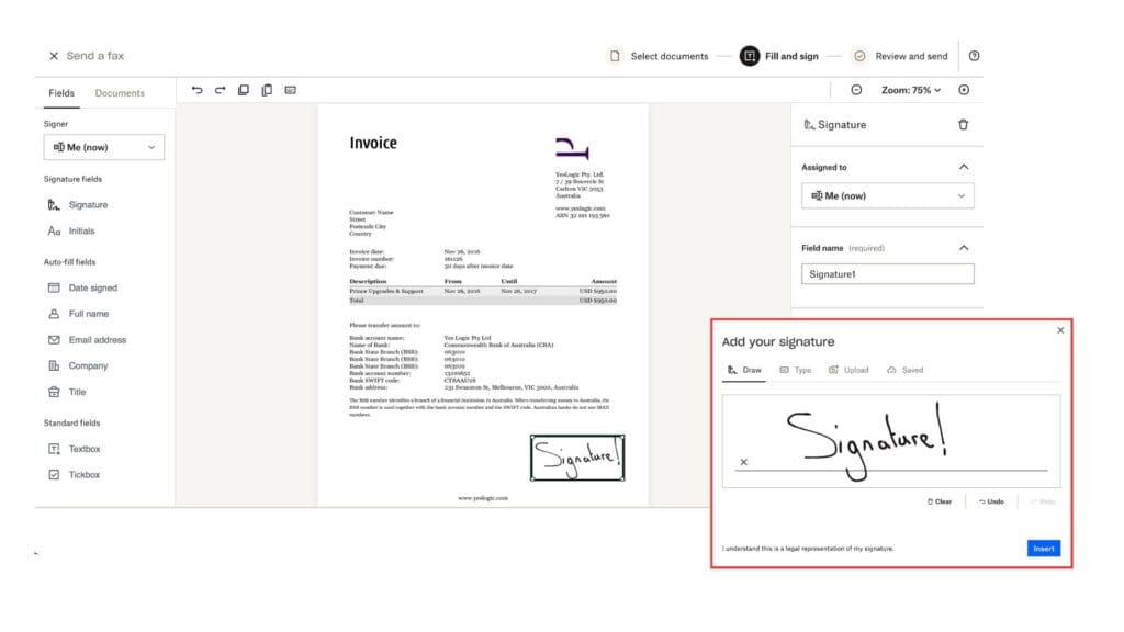 dropbox fax edit and esign interface