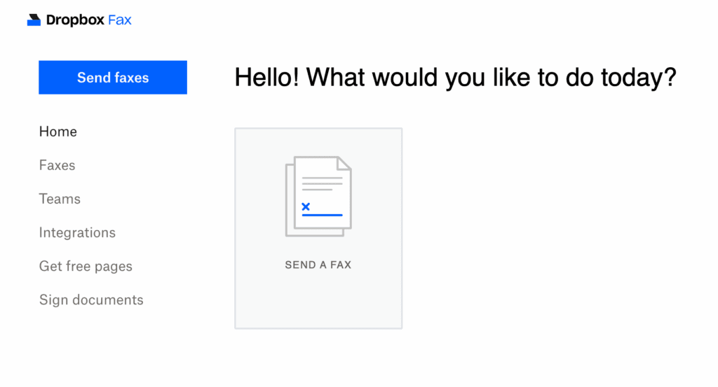 DropBox Fax-Startseite mit prominent sichtbarem Button zum Senden von Faxen