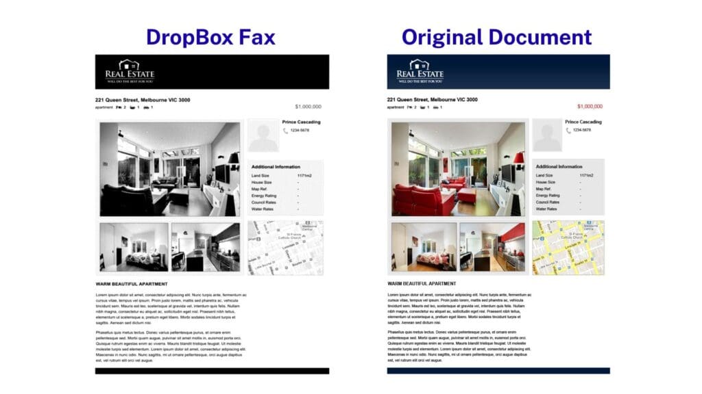 dropbox fax quality test comparison with 2 pictures side by side an original and a faxed version