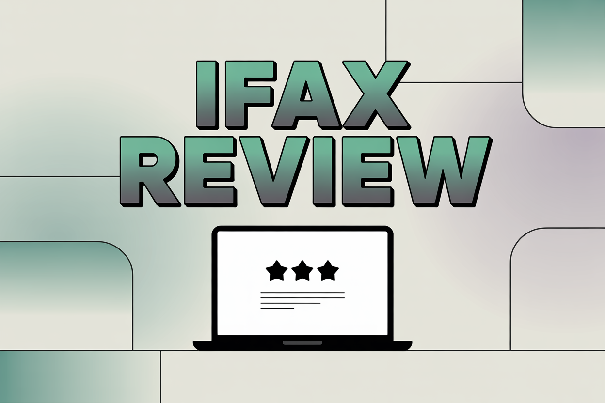 A sleek poster design featuring the words "ifax review" in a bold, modern font against a gradient background. The text is centered and rendered in a vibrant teal color that fades to a soft gray at the bottom. Below the text, a stylized, minimalist illustration of a laptop screen displays a three-star rating system, emphasizing a positive review experience. The background features subtle, abstract geometric shapes in muted tones, creating a clean and professional aesthetic.