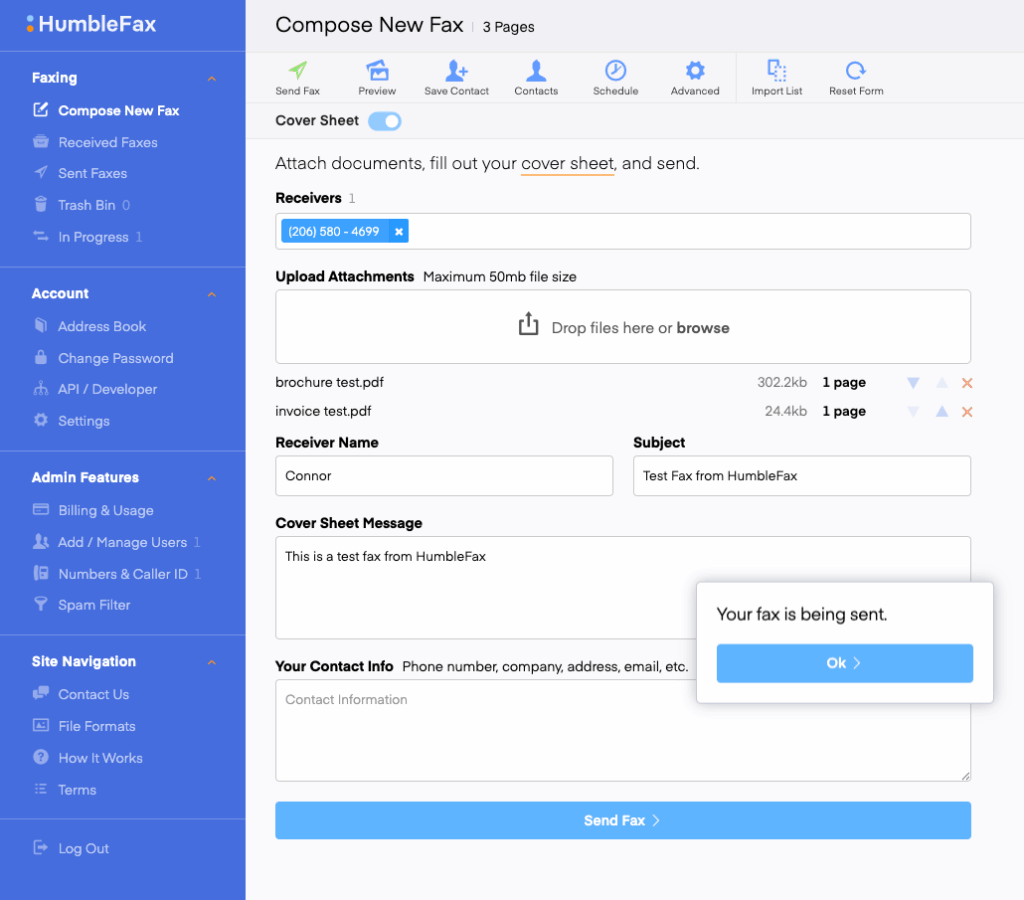 humble fax Weboberfläche zum Senden eines Faxes