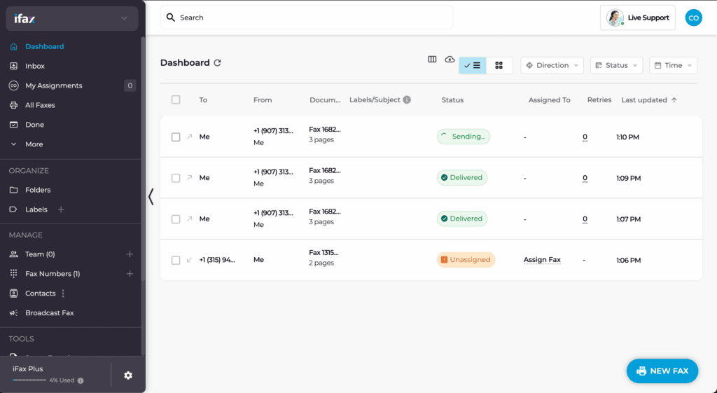 ifax dashboard and inbox button screenshot