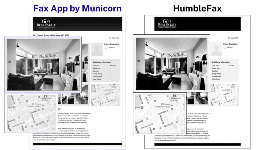 municorn fax vs humble fax Testseite gesendet – die Qualität ist bei municorn besser, wie in den Details des Bildes zu sehen ist