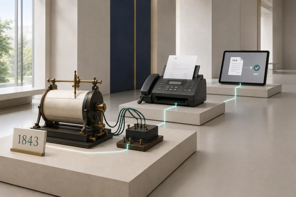A modern gallery-style display shows the evolution of fax technology from an early 1843 facsimile device to a modern fax machine and then online fax on a tablet.