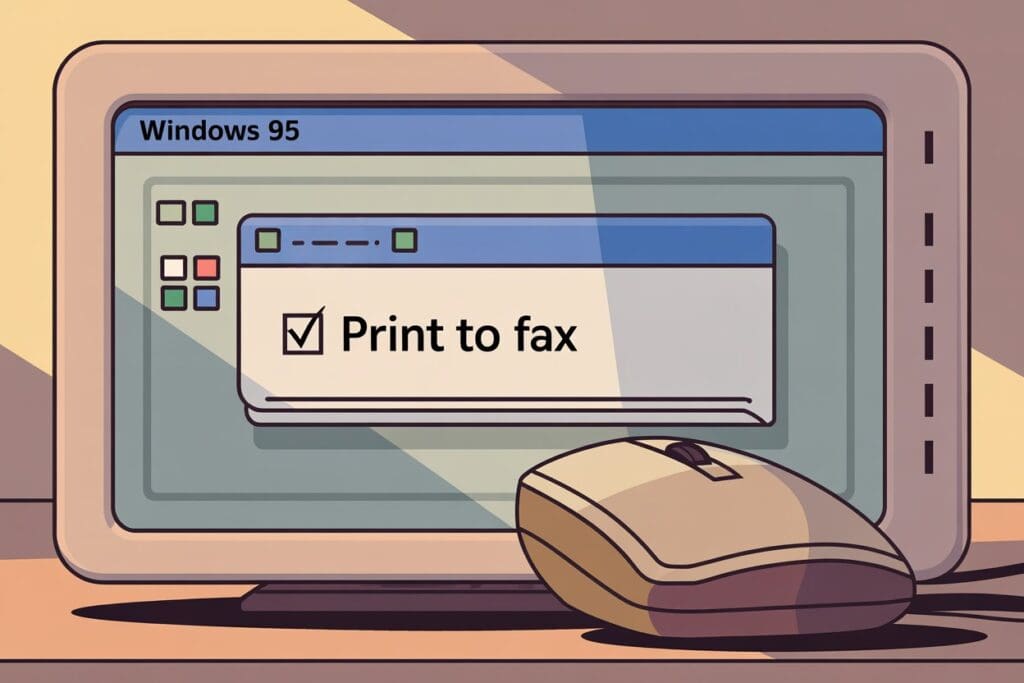 win95 print to fax feature with old ms windows interface, a mouse and print to fax option prominently visible