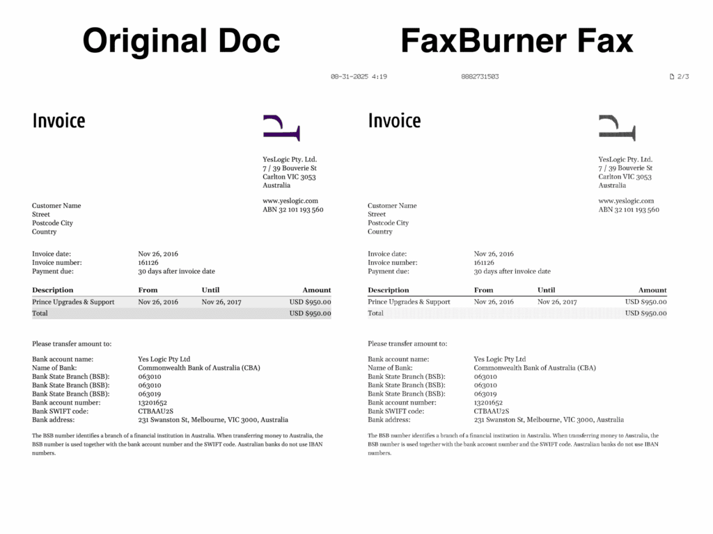 Fax Burner Originaldokument vs. das, was Sie mit Fax Burner gefaxt bekommen