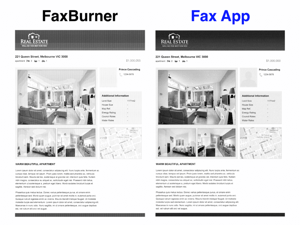 Fax Burner Qualität vs. Municorn Fax App gleiches Bild
