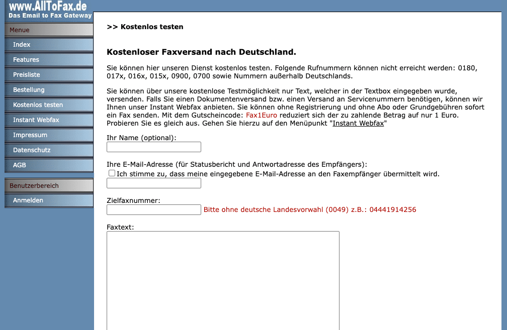 AllToFax Online-Fax-zu-E-Mail-Service-Benutzeroberfläche

