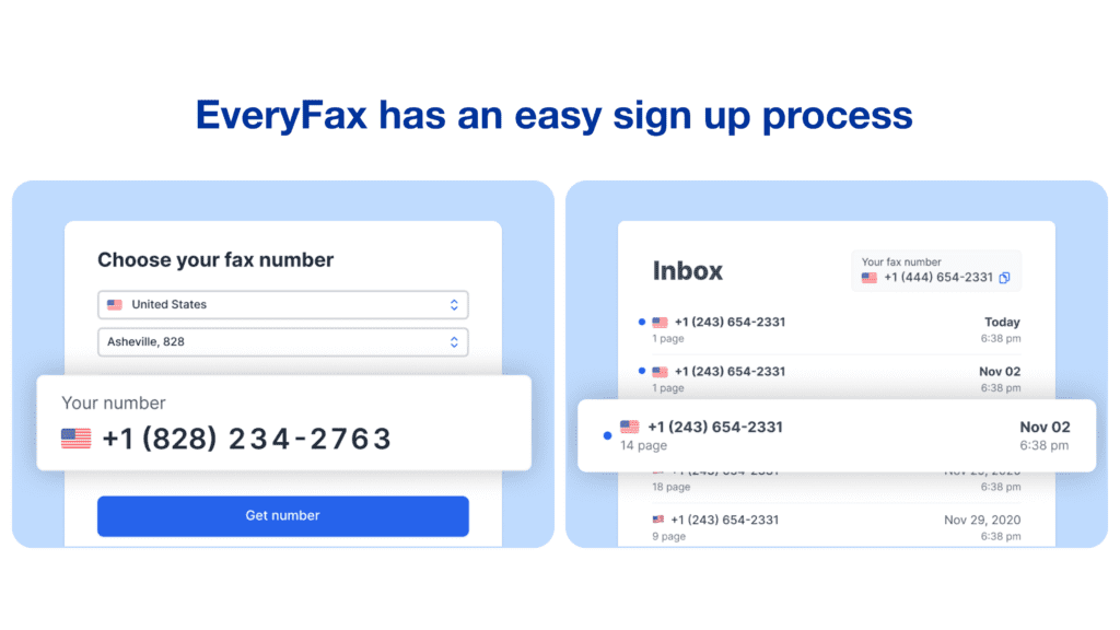 Everyfax sign up and get fax number interface