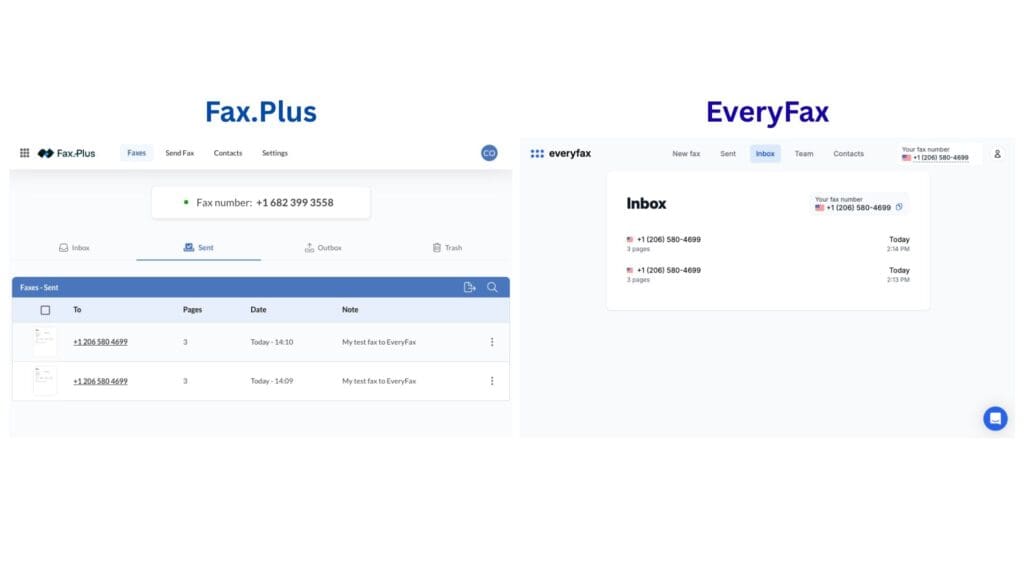 EveryFax and Fax.Plus receive faxe interface screenshots side by side