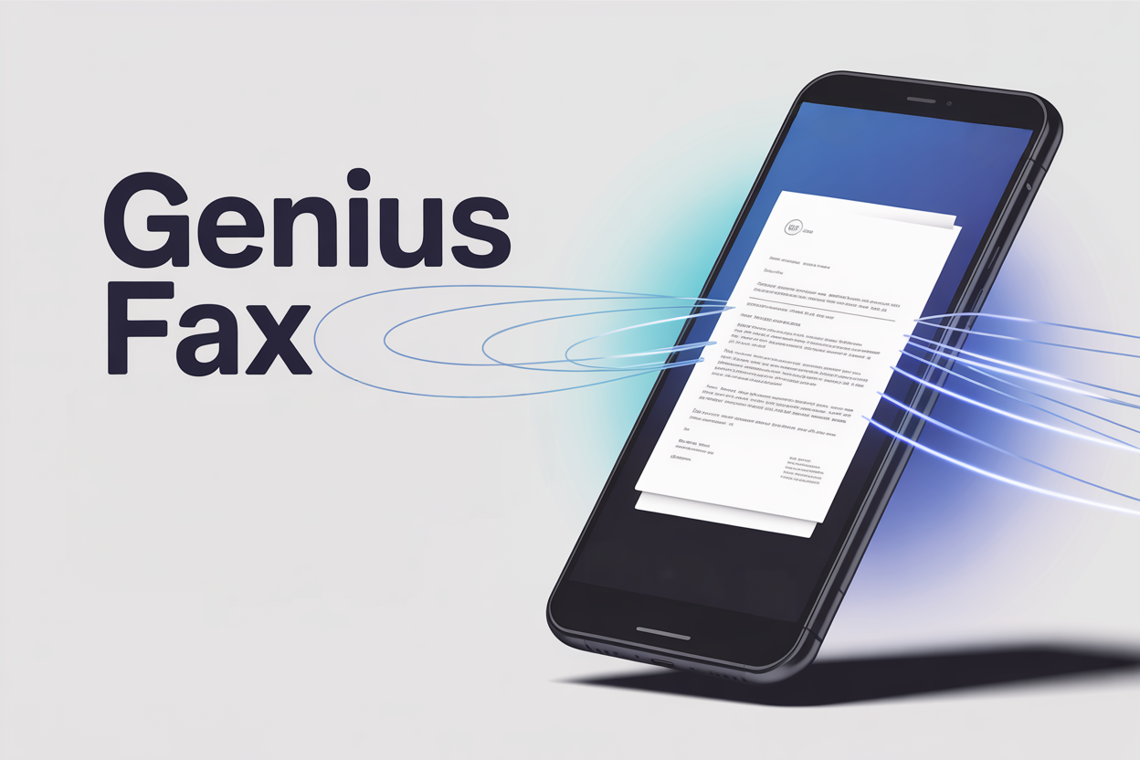 An iPhone is held at a slight angle, displaying a screen with a document visible. The document appears to be a fax. The device is surrounded by flowing, stylized blue light trails and the word "Genius Fax" is prominently displayed above it