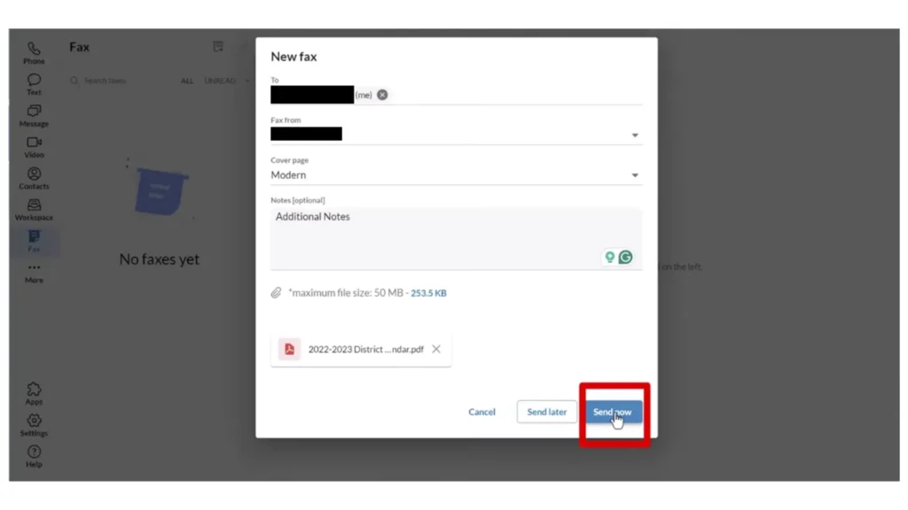 RingCentral new fax dialog with To, Fax from, Cover page, Notes and attachment fields, ending in Cancel, Send later, and Send now buttons