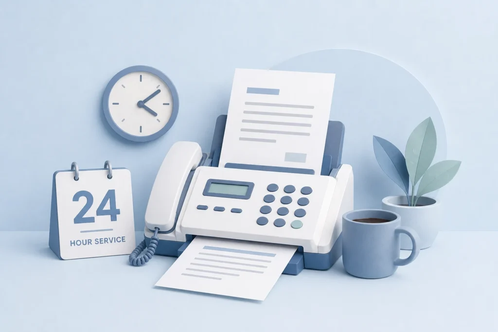 pastel blue illustration of a fax machine with a 24-hour service calendar and wall clock, representing around-the-clock online fax service.