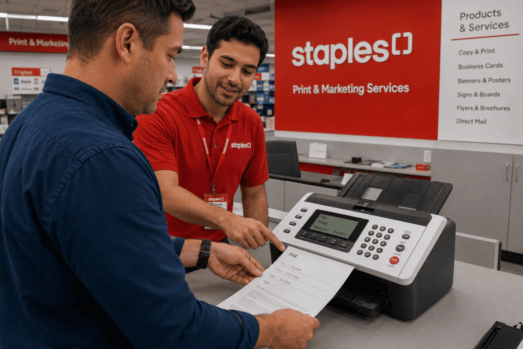 a person faxing at staples with the help of the store's employee