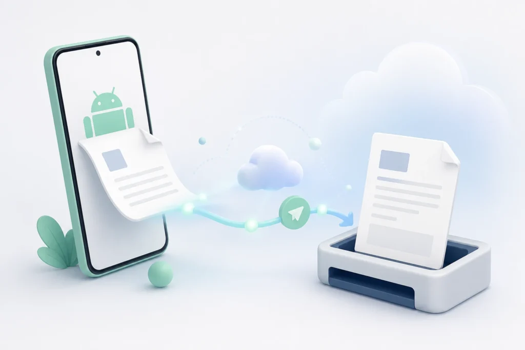 An Android phone sends a document along a soft cloud-based path to a fax tray, illustrating how to fax from an Android device.