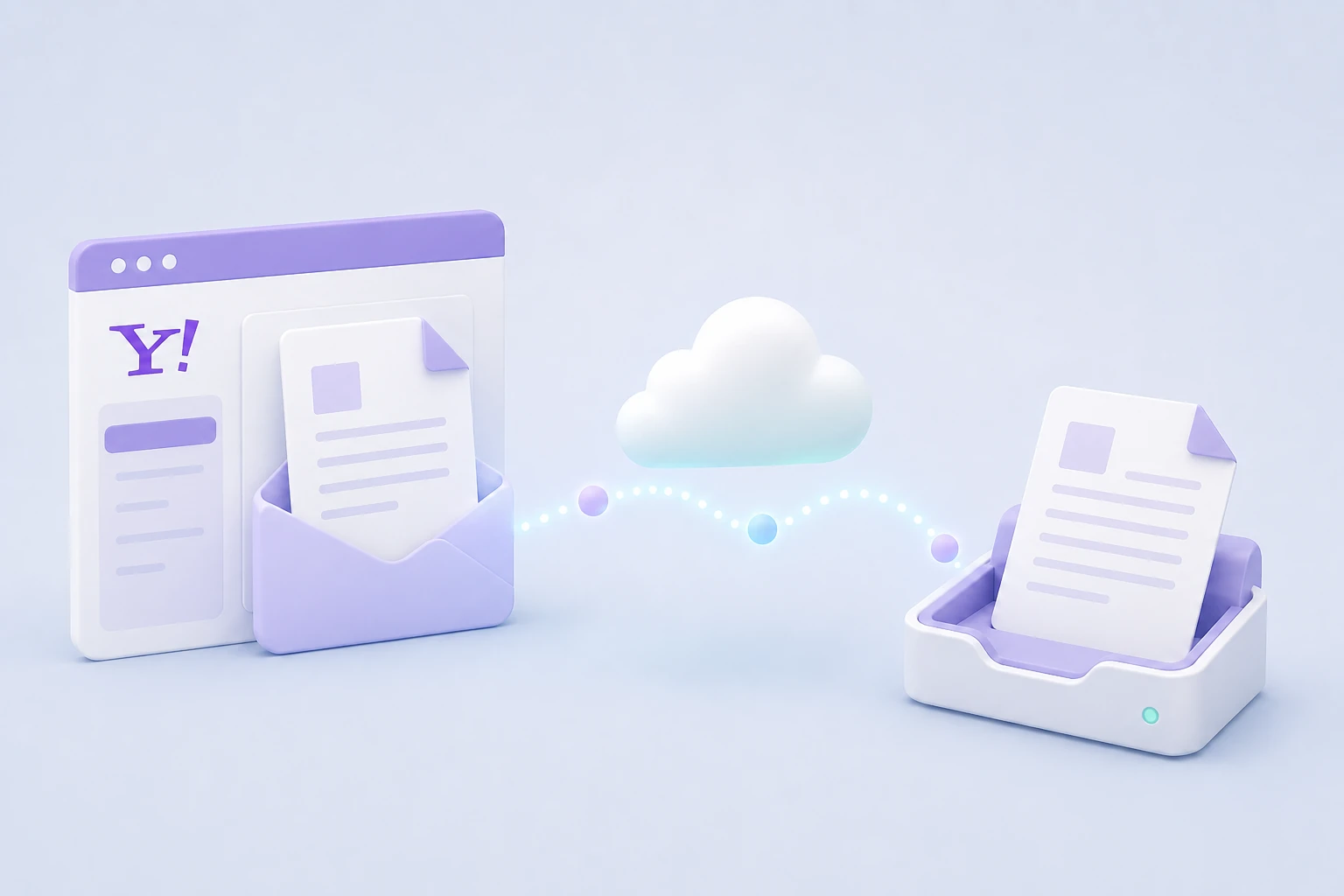 A Yahoo-style email window and envelope send a document through a cloud connection to a fax tray, showing the concept of faxing from Yahoo Mail.