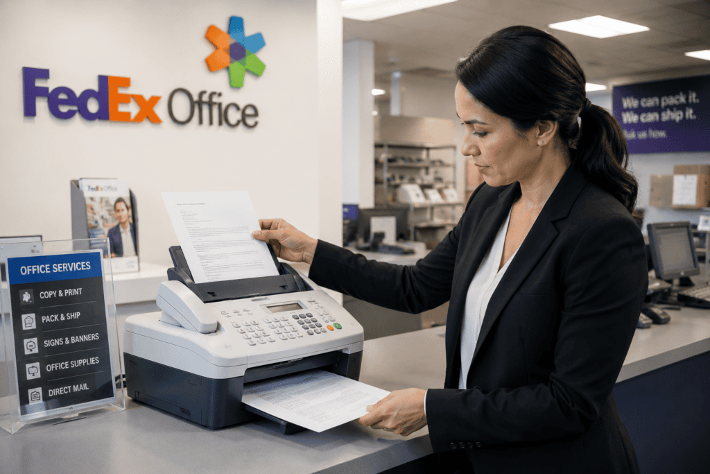 a woman sending a fax at fedex
